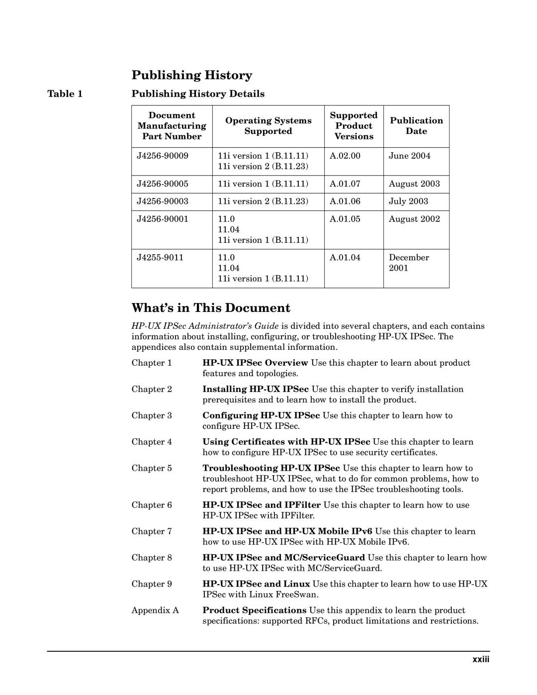 HP UX IPSec Software manual Publishing History, What’s in This Document 