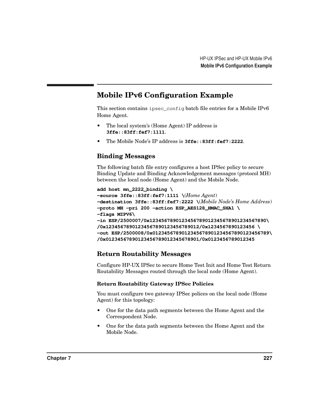 HP UX IPSec Software Mobile IPv6 Configuration Example, Binding Messages, Return Routability Messages, 3ffe83fffef71111 