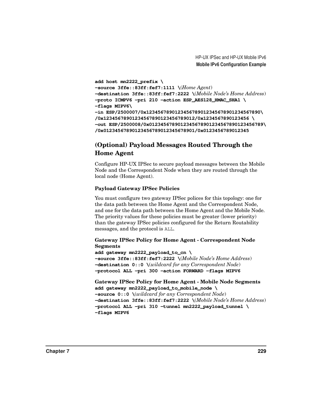 HP UX IPSec Software manual Optional Payload Messages Routed Through the Home Agent, Payload Gateway IPSec Policies 