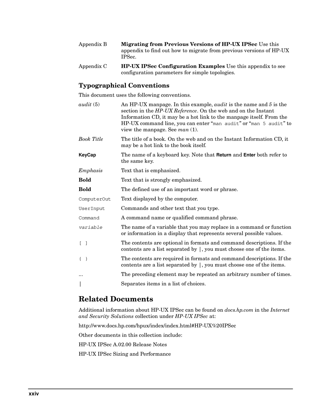 HP UX IPSec Software manual Related Documents, Typographical Conventions 