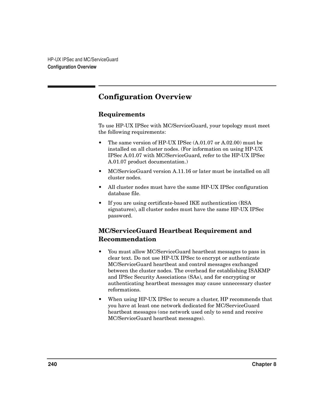 HP UX IPSec Software manual Configuration Overview, MC/ServiceGuard Heartbeat Requirement Recommendation 