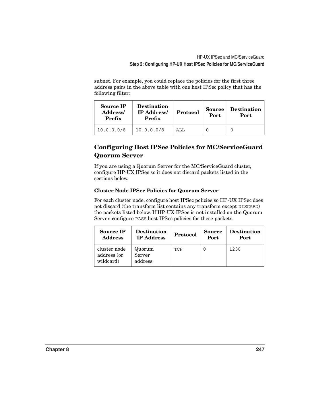 HP UX IPSec Software manual 10.0.0.0/8, Cluster Node IPSec Policies for Quorum Server, 1238, Address or Server Wildcard 