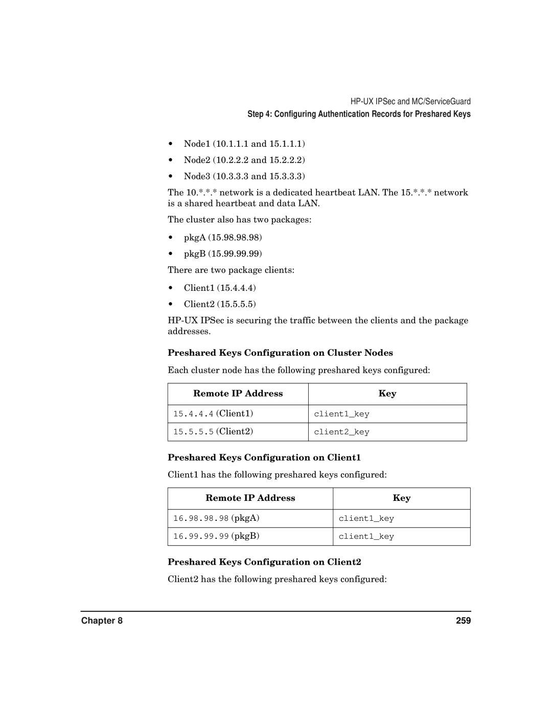 HP UX IPSec Software manual Preshared Keys Configuration on Cluster Nodes, Remote IP Address Key 