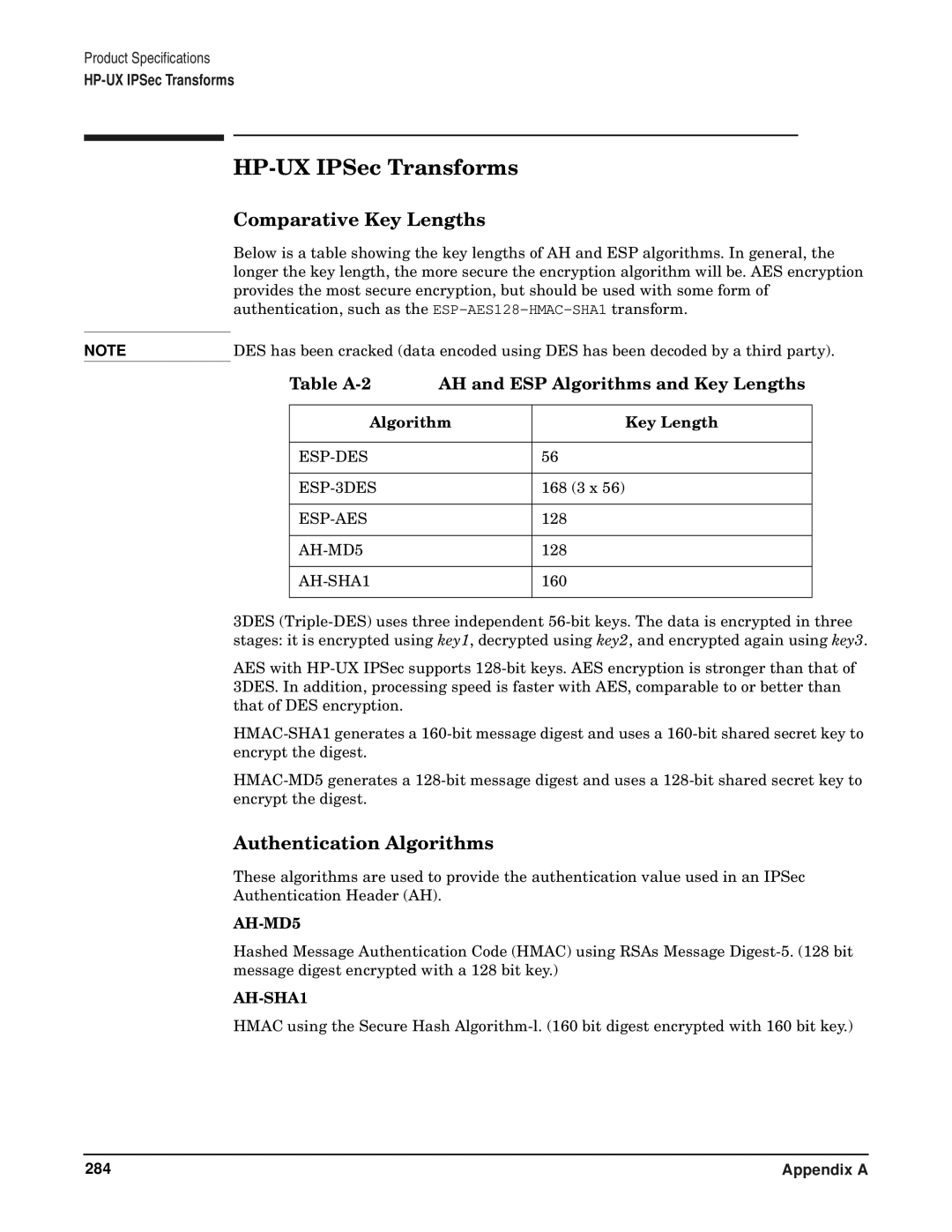 HP UX IPSec Software HP-UX IPSec Transforms, Comparative Key Lengths, Authentication Algorithms, Algorithm Key Length 