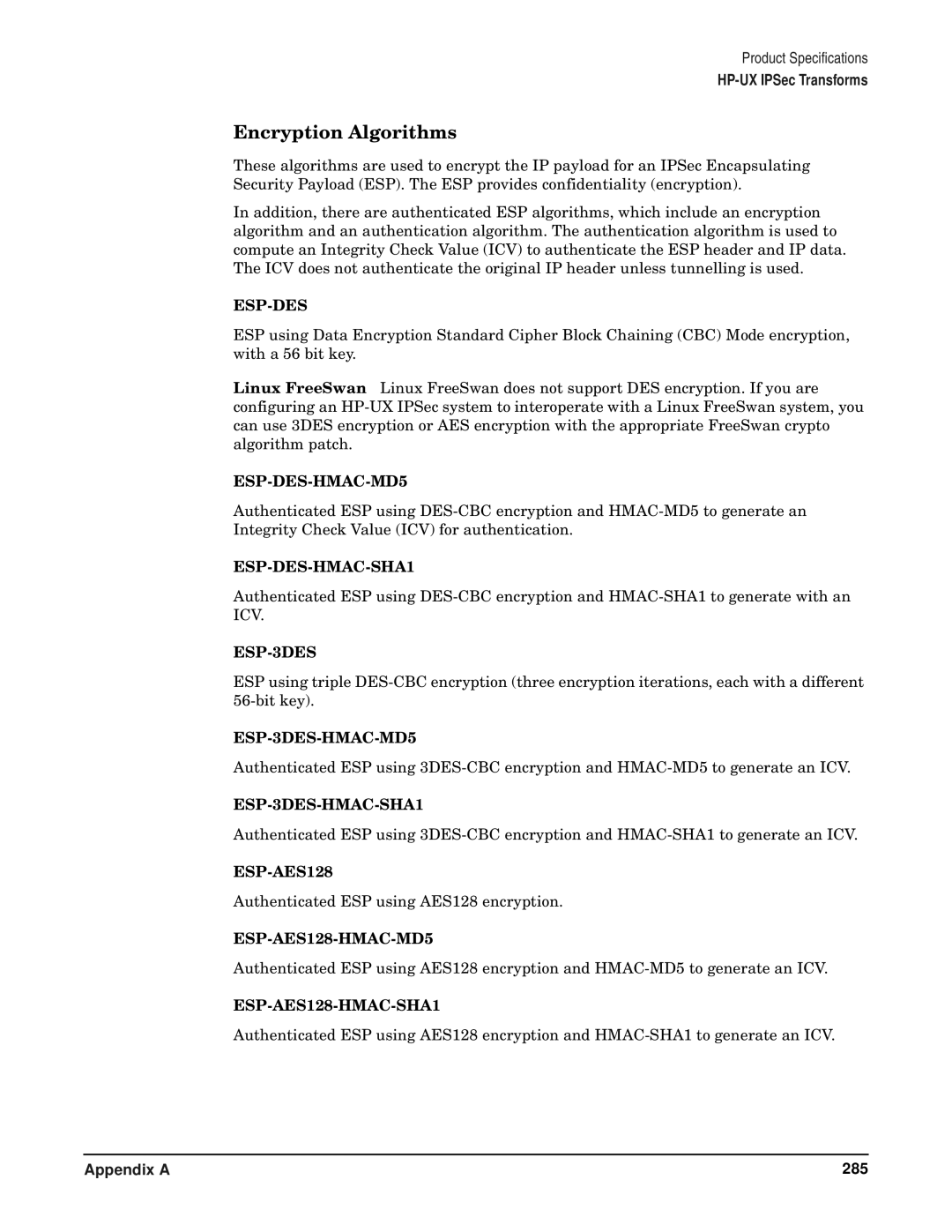 HP UX IPSec Software manual Encryption Algorithms, Esp-Des 