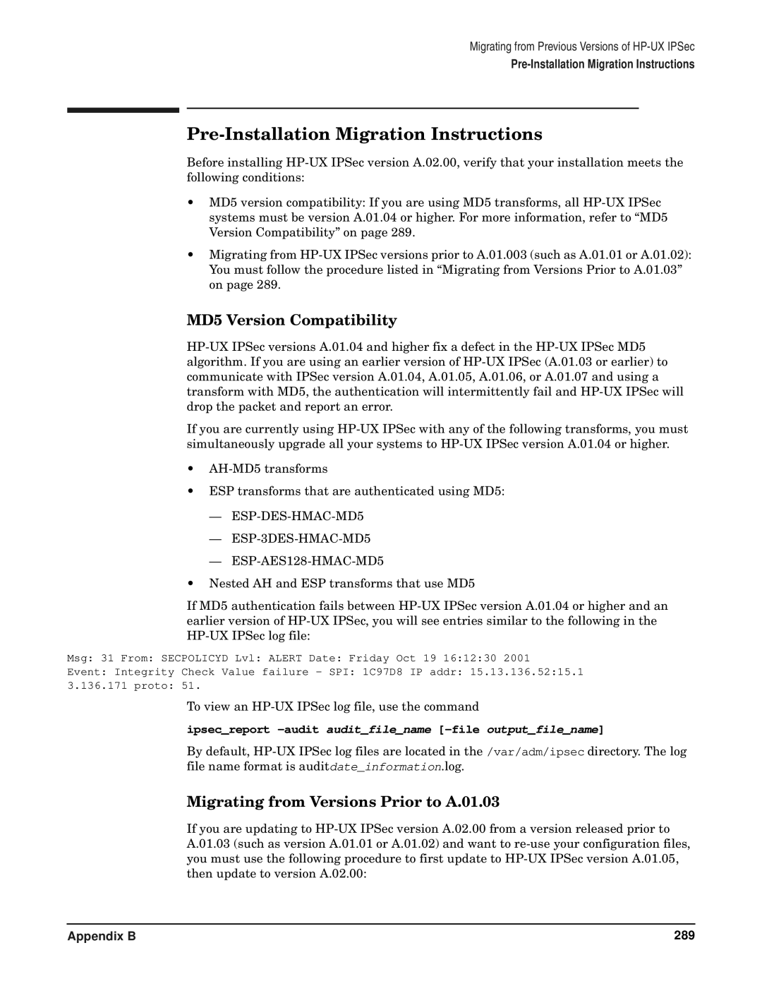 HP UX IPSec Software manual Pre-Installation Migration Instructions, MD5 Version Compatibility 