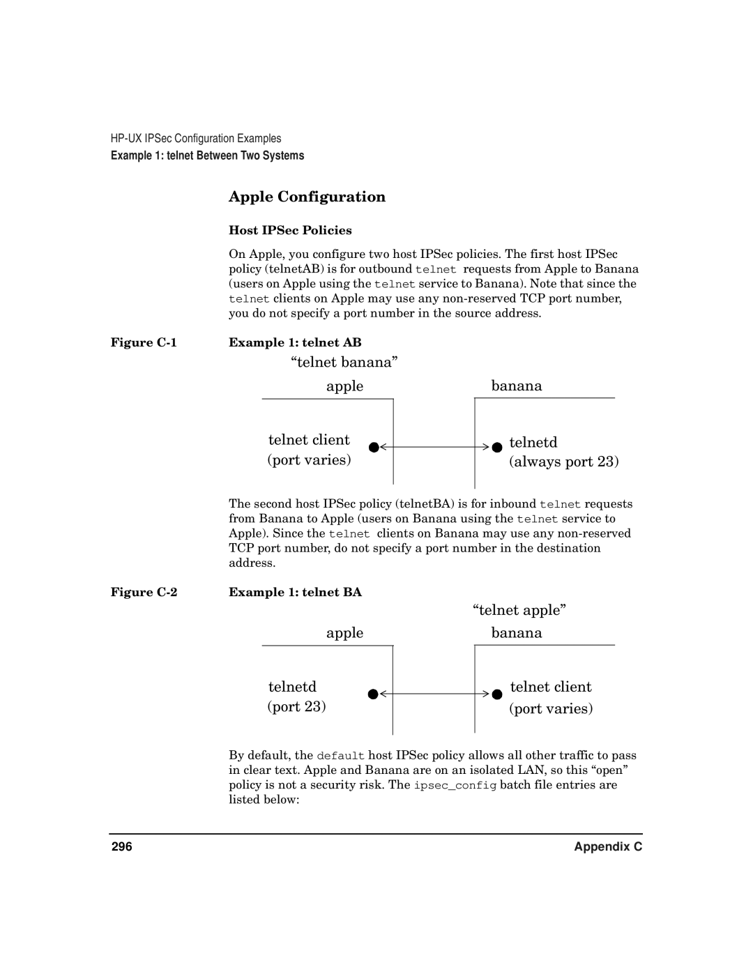 HP UX IPSec Software manual Apple Configuration, Figure C-1 Example 1 telnet AB 