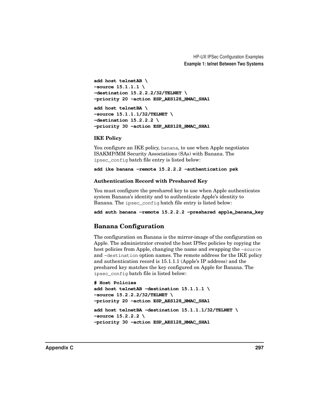 HP UX IPSec Software manual Banana Configuration, IKE Policy, Authentication Record with Preshared Key 