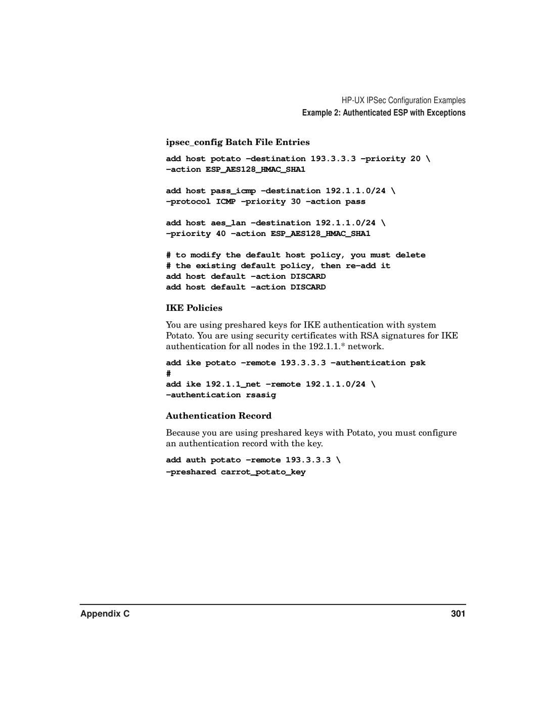HP UX IPSec Software manual Ipsecconfig Batch File Entries, Authentication Record 