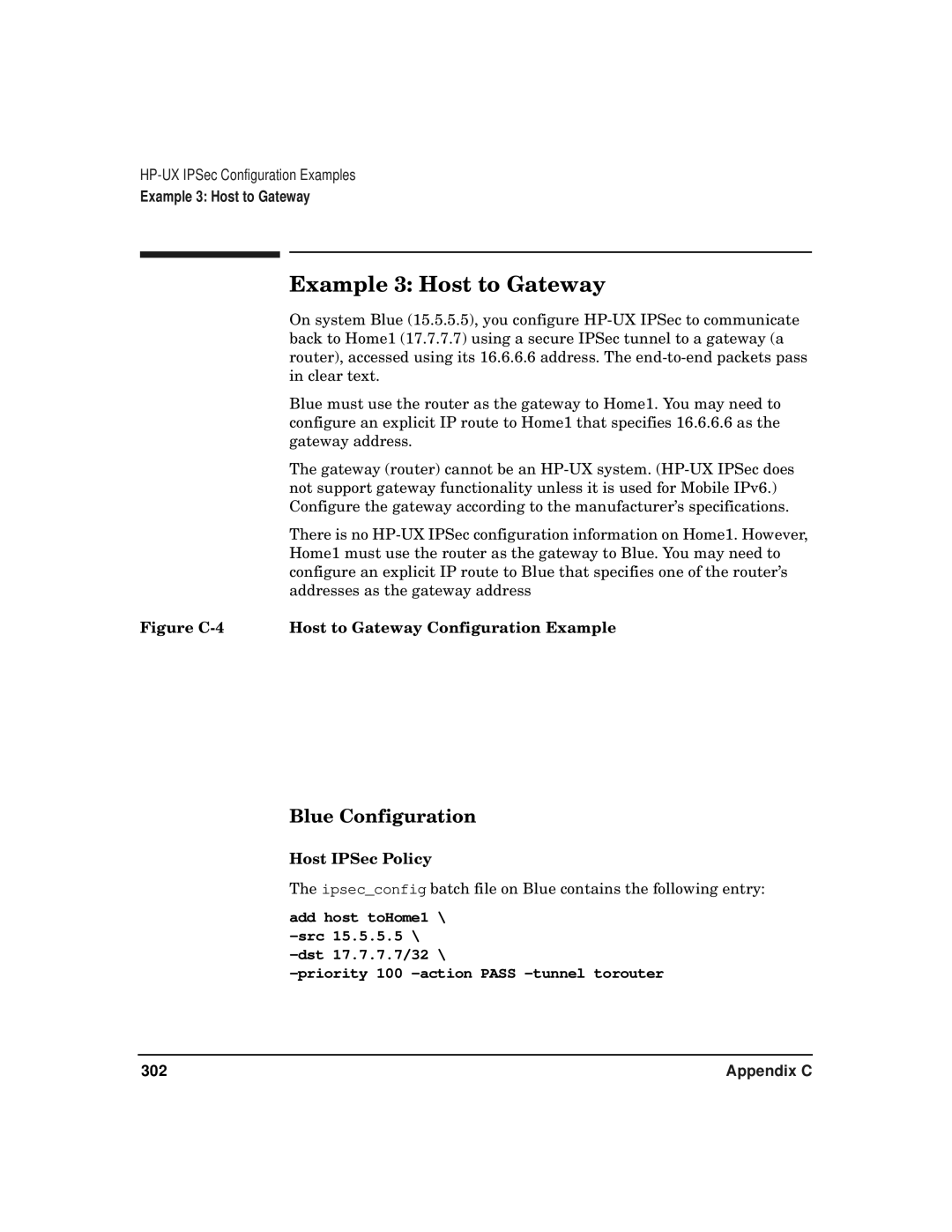 HP UX IPSec Software manual Example 3 Host to Gateway, Blue Configuration, Host IPSec Policy 