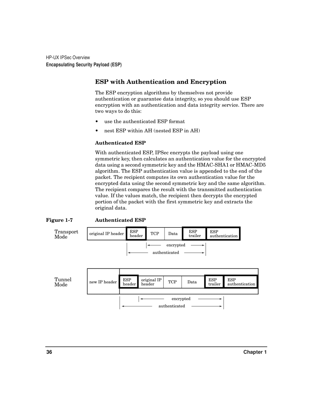 HP UX IPSec Software manual ESP with Authentication and Encryption, Authenticated ESP 