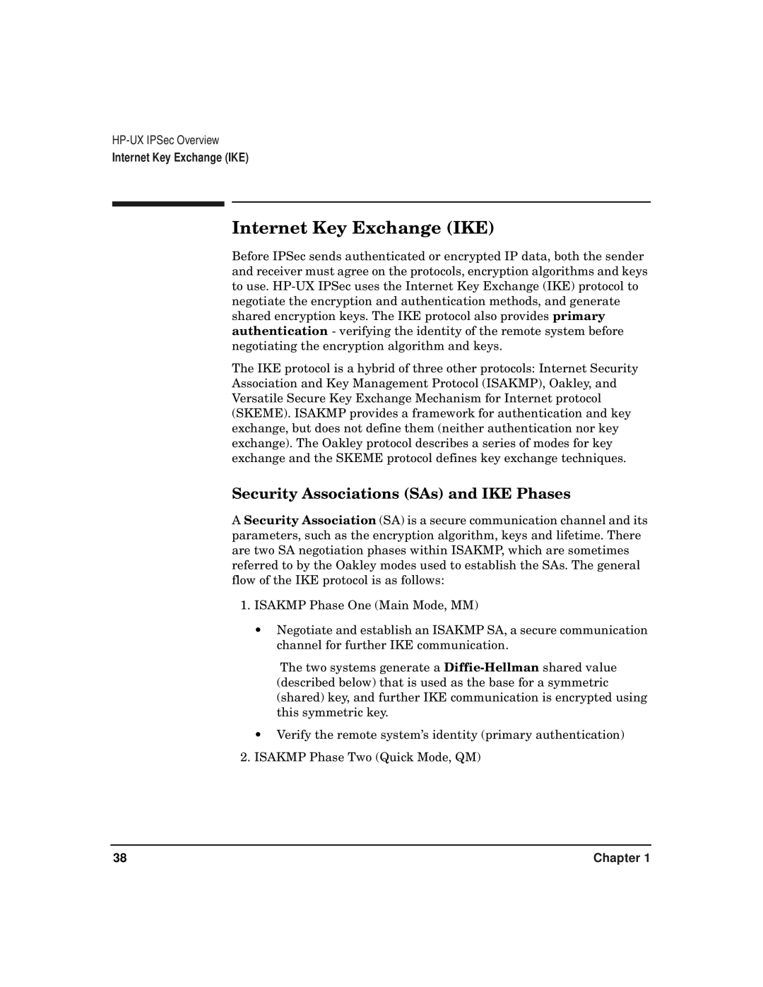 HP UX IPSec Software manual Internet Key Exchange IKE, Security Associations SAs and IKE Phases 