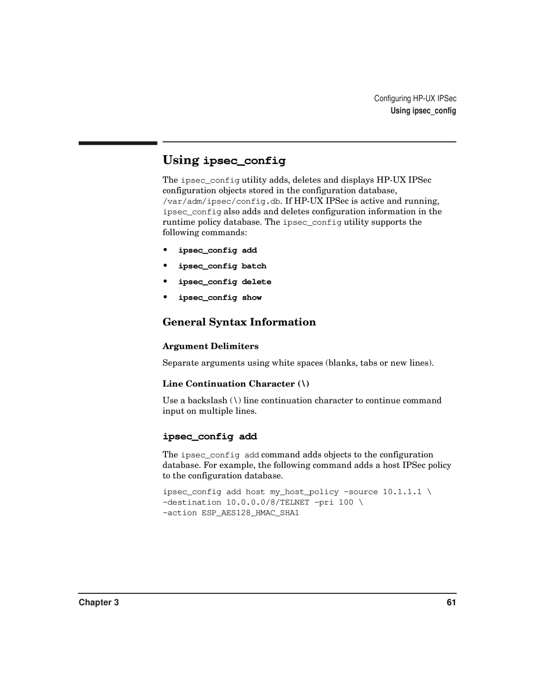 HP UX IPSec Software manual General Syntax Information, Argument Delimiters, Line Continuation Character 