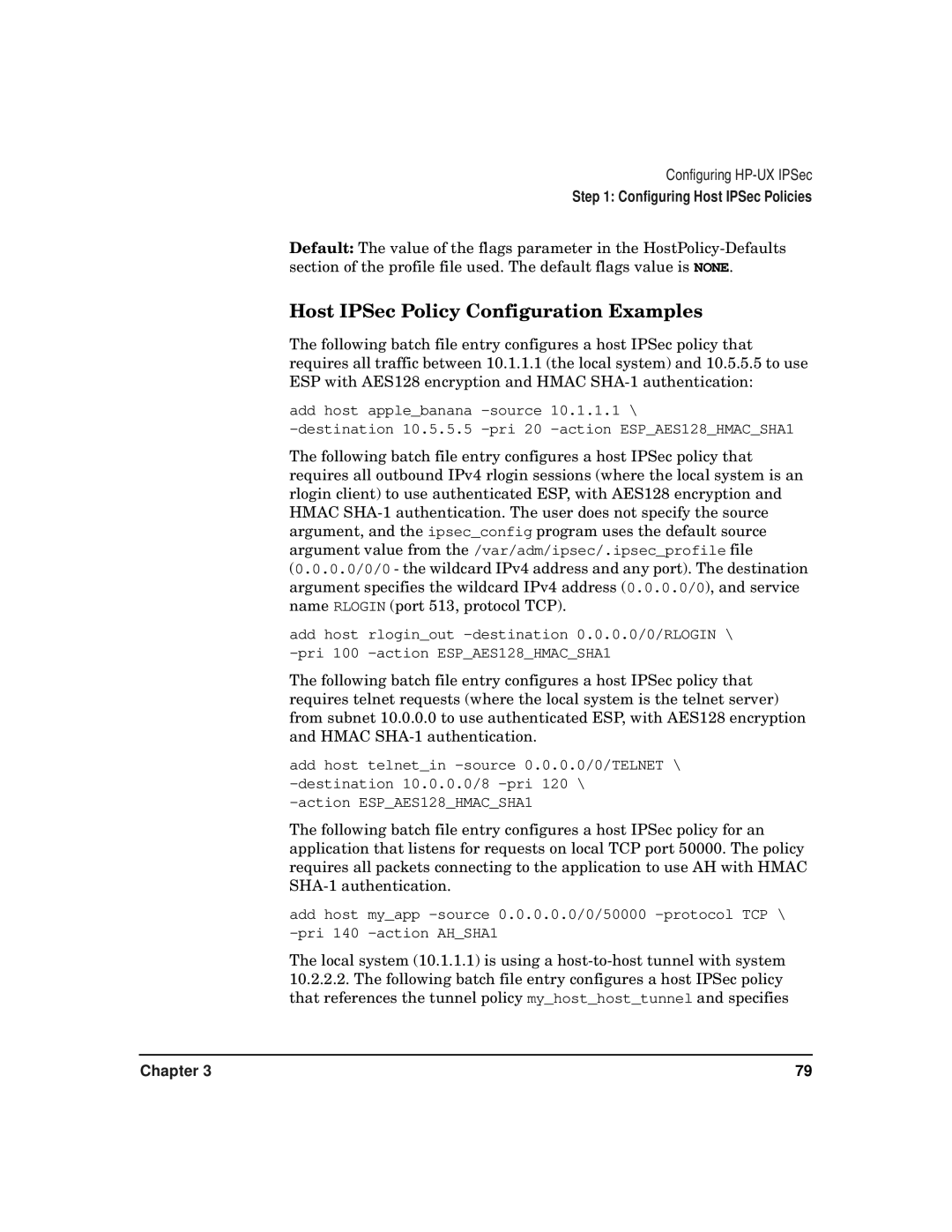 HP UX IPSec Software manual Host IPSec Policy Configuration Examples 