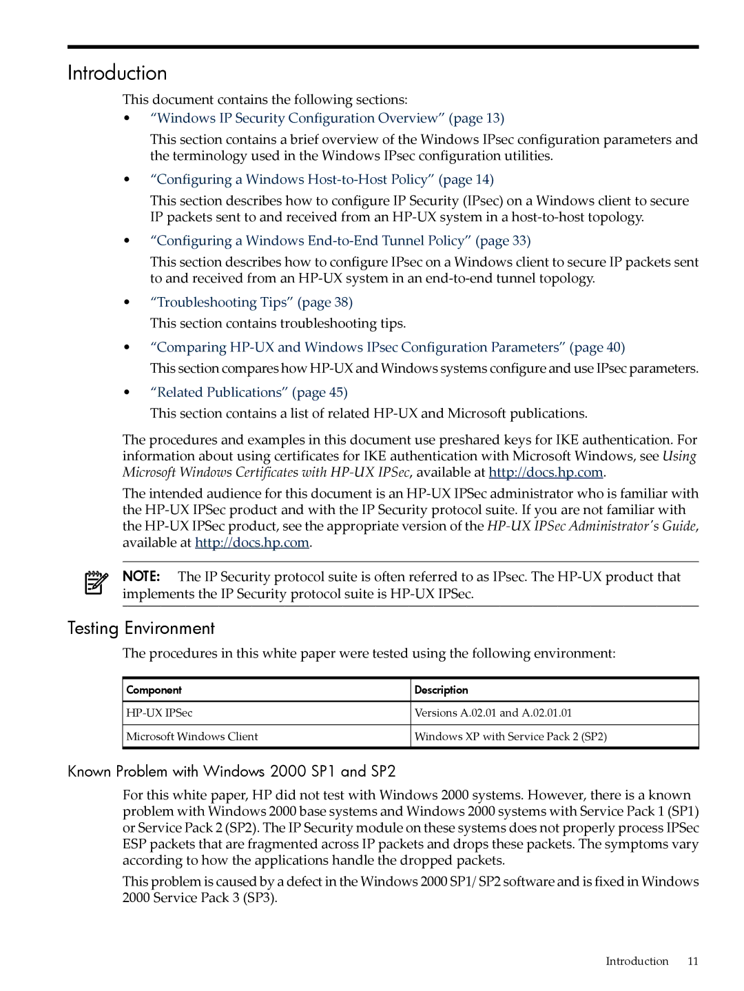 HP UX IPSec Software manual Introduction, Testing Environment, Known Problem with Windows 2000 SP1 and SP2 