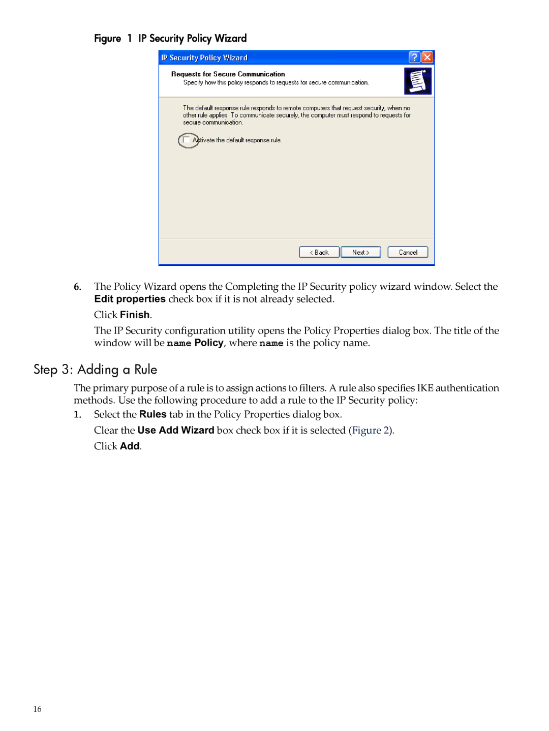 HP UX IPSec Software manual Adding a Rule, IP Security Policy Wizard 