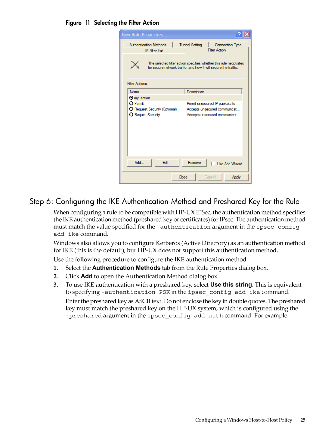 HP UX IPSec Software manual Selecting the Filter Action 