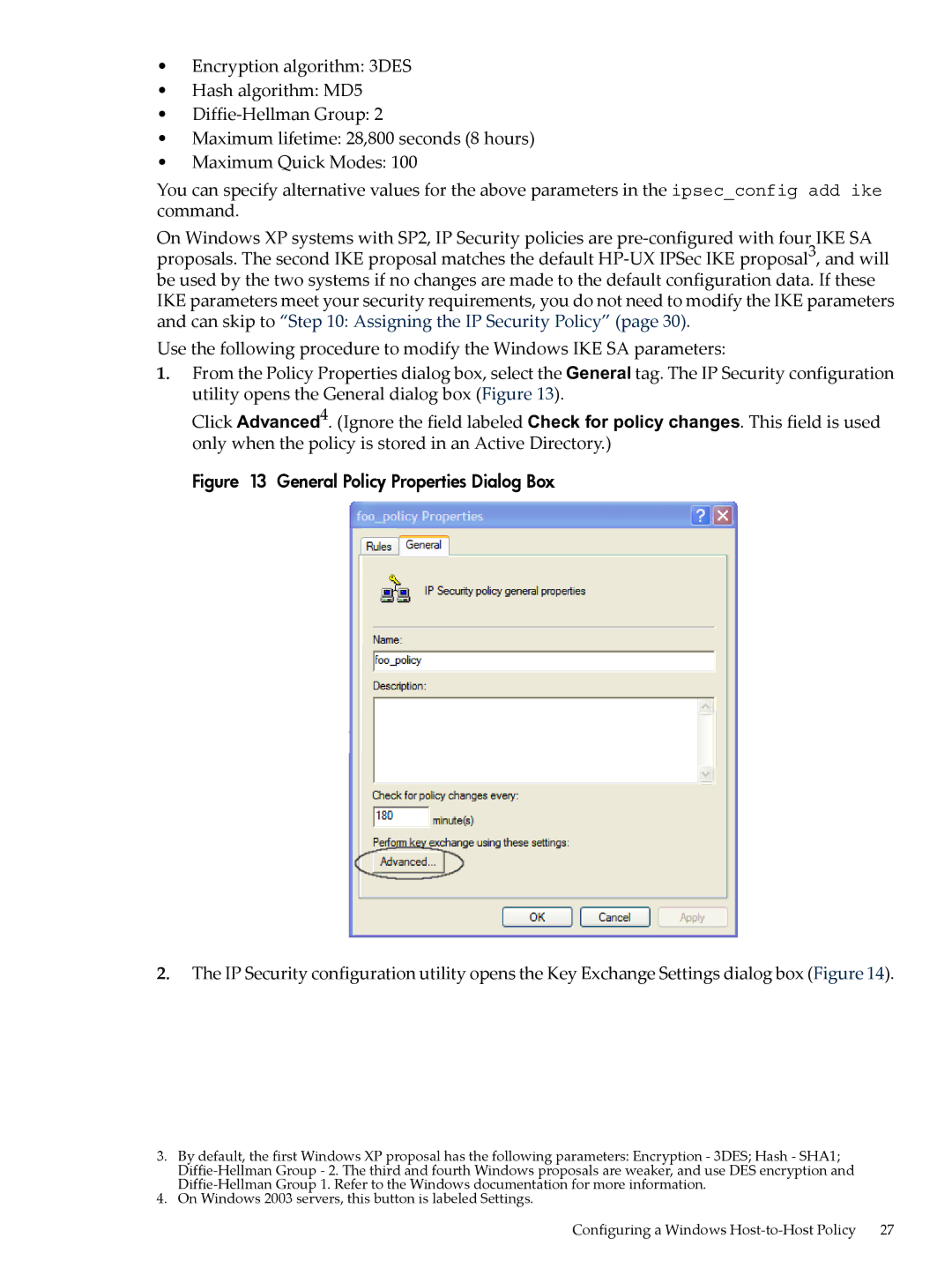 HP UX IPSec Software manual General Policy Properties Dialog Box 