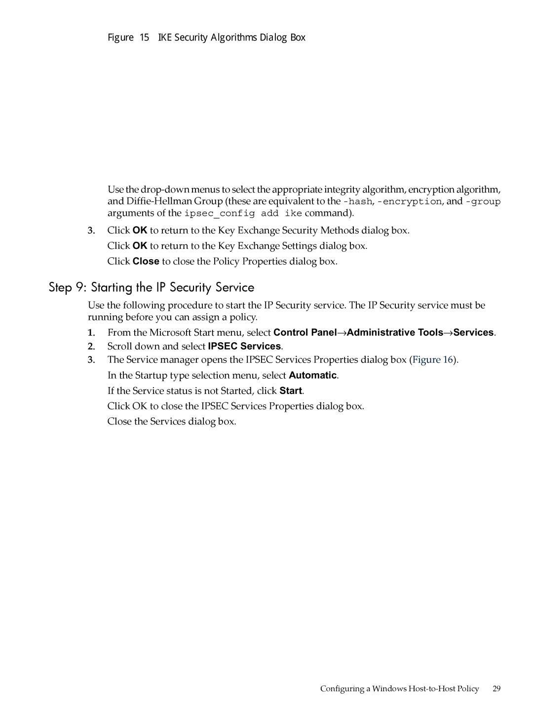 HP UX IPSec Software manual Starting the IP Security Service, IKE Security Algorithms Dialog Box 