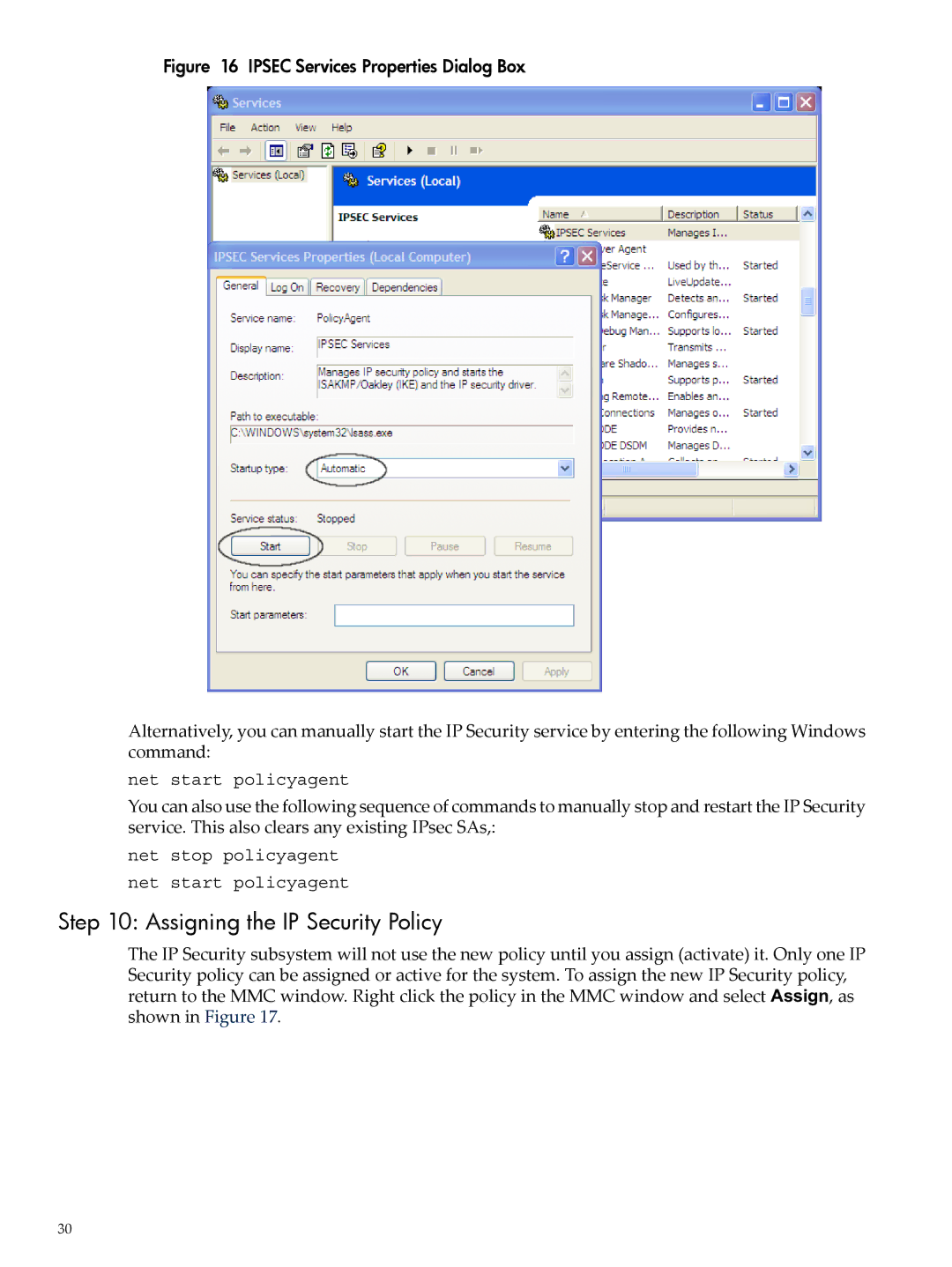 HP UX IPSec Software manual Assigning the IP Security Policy, Ipsec Services Properties Dialog Box 