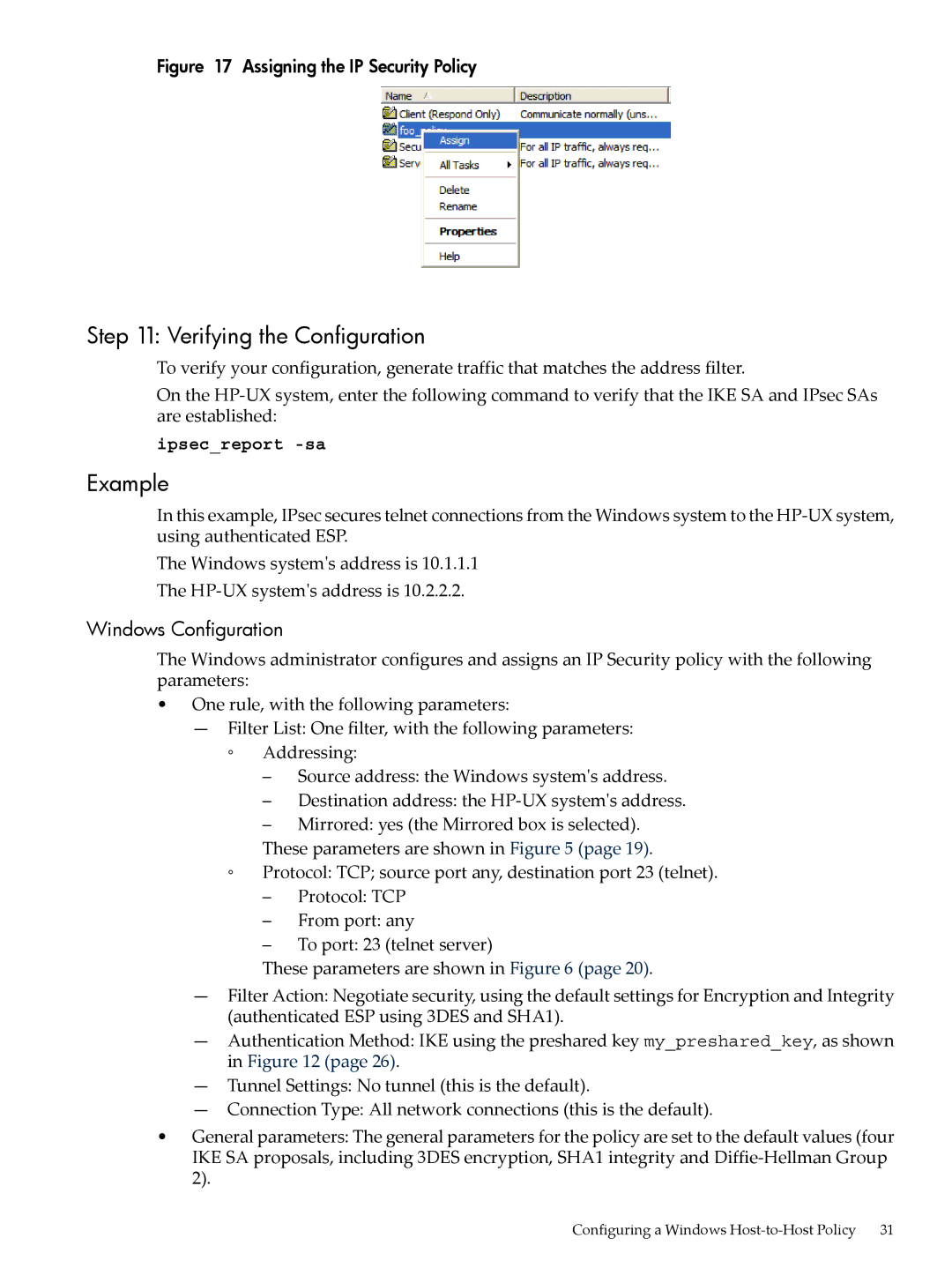 HP UX IPSec Software manual Verifying the Configuration, Example, Windows Configuration 