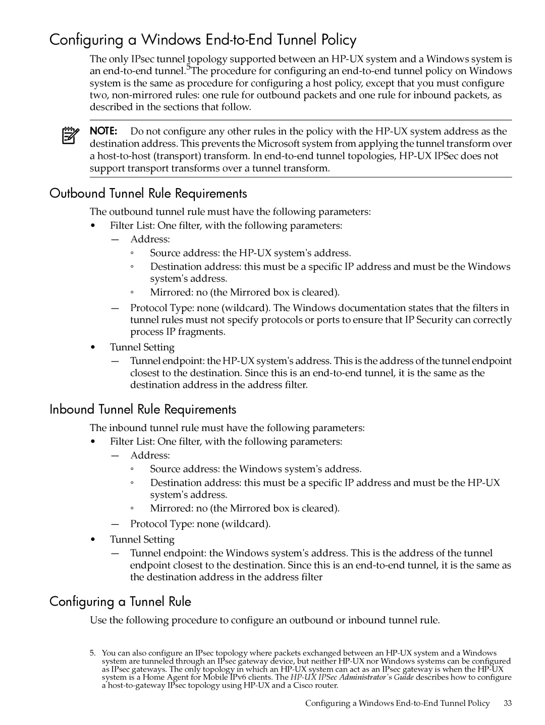 HP UX IPSec Software manual Configuring a Windows End-to-End Tunnel Policy, Outbound Tunnel Rule Requirements 