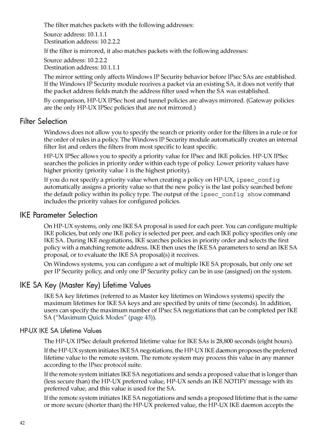 HP UX IPSec Software manual Filter Selection, IKE Parameter Selection, IKE SA Key Master Key Lifetime Values 