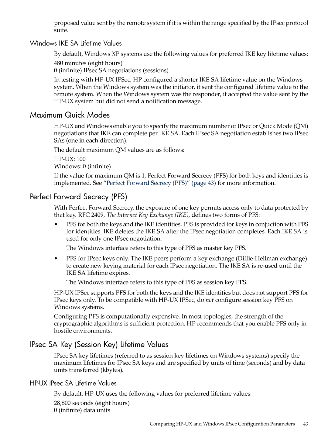 HP UX IPSec Software manual Maximum Quick Modes, Perfect Forward Secrecy PFS, IPsec SA Key Session Key Lifetime Values 