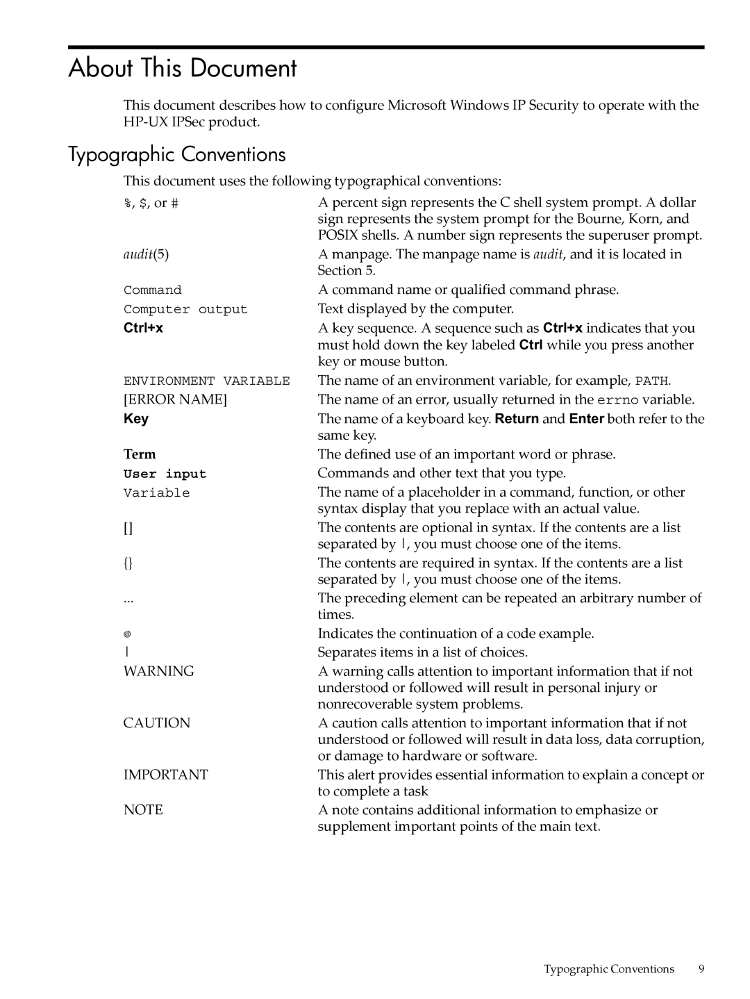 HP UX IPSec Software manual About This Document, Typographic Conventions 