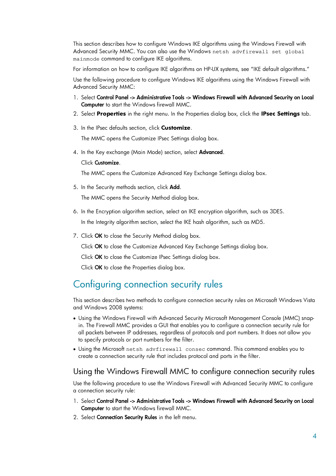 HP UX IPSec Software manual Configuring connection security rules 