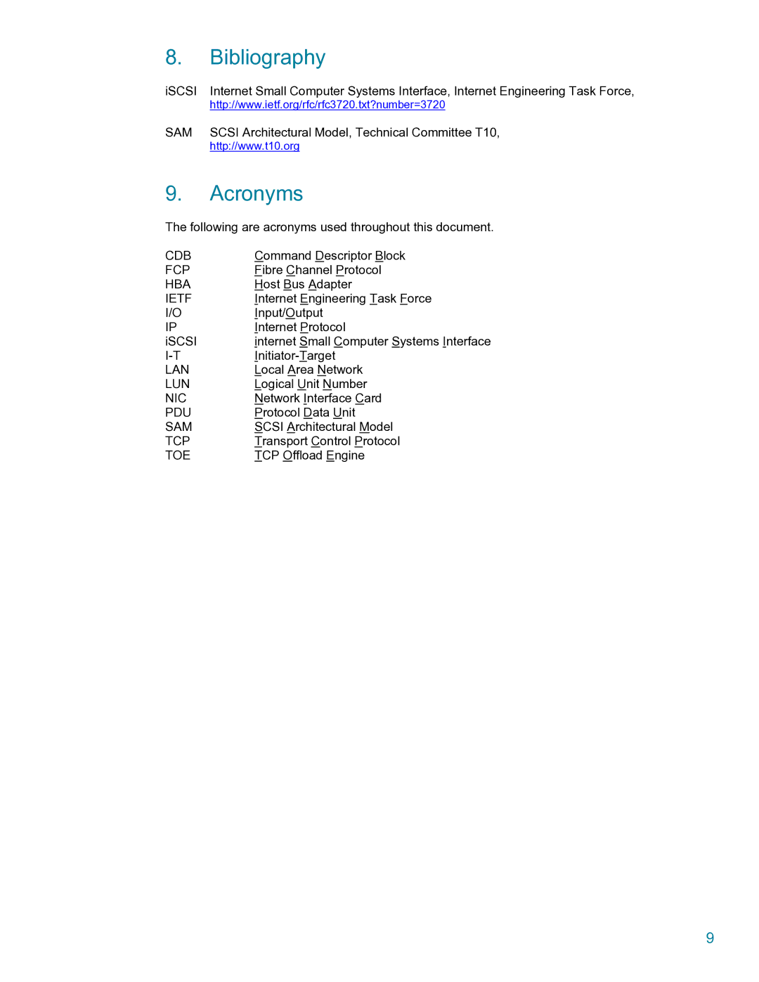 HP UX iSCSI (SCSI Over TCP/IP) Software manual Bibliography, Acronyms 