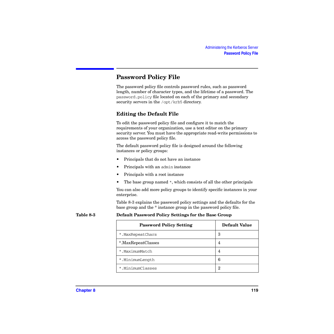 HP UX Kerberos Data Security Software manual Password Policy File, Editing the Default File 