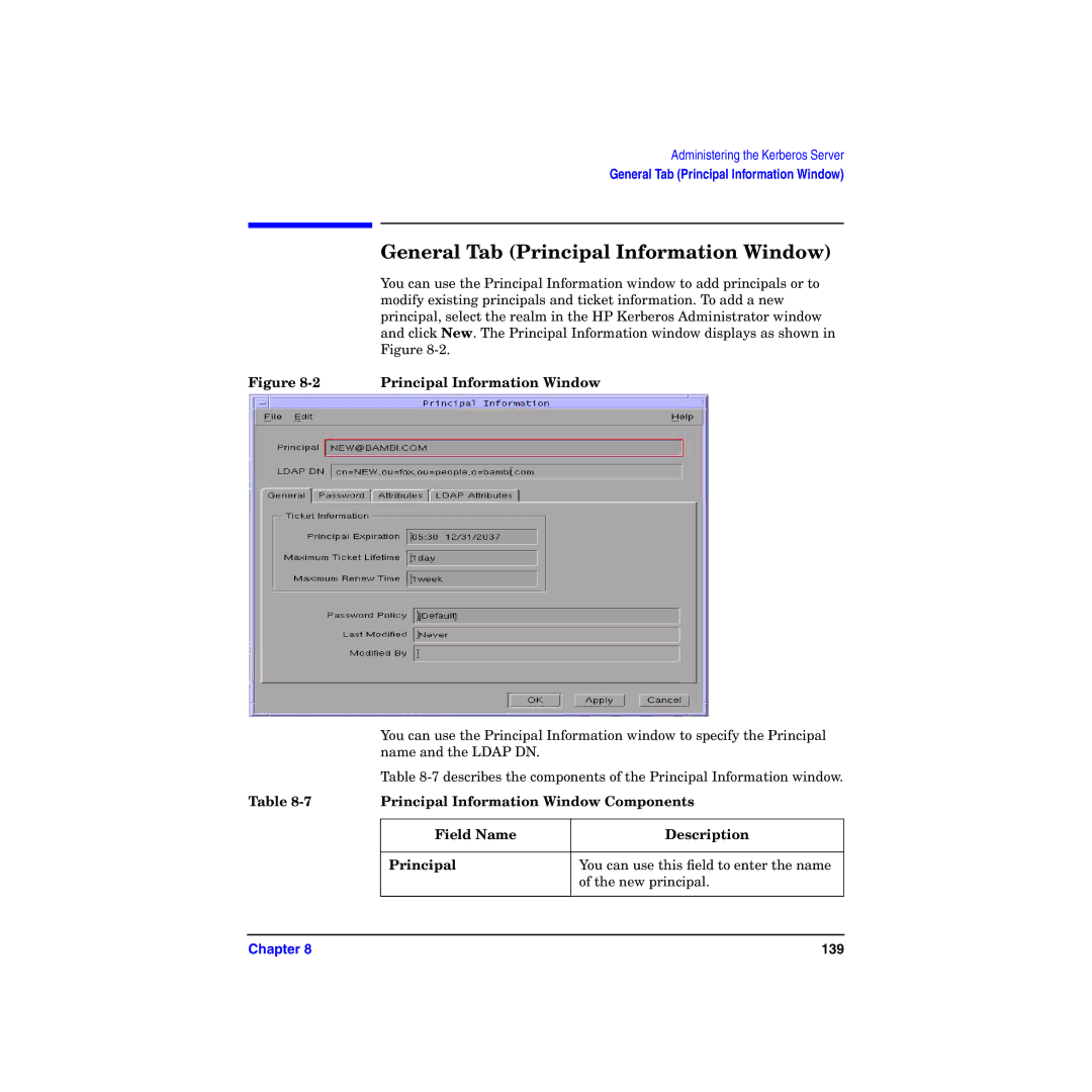 HP UX Kerberos Data Security Software General Tab Principal Information Window, Principal Information Window Components 