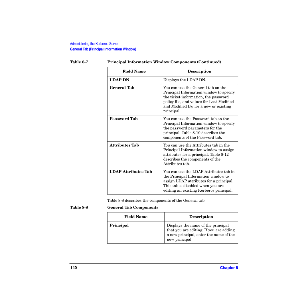 HP UX Kerberos Data Security Software manual Field Name Description, General Tab, Password Tab, Attributes Tab 