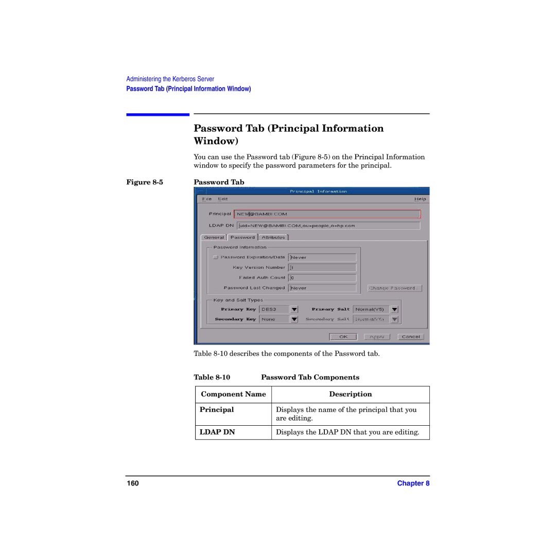 HP UX Kerberos Data Security Software manual Password Tab Principal Information, Window, Password Tab Components 