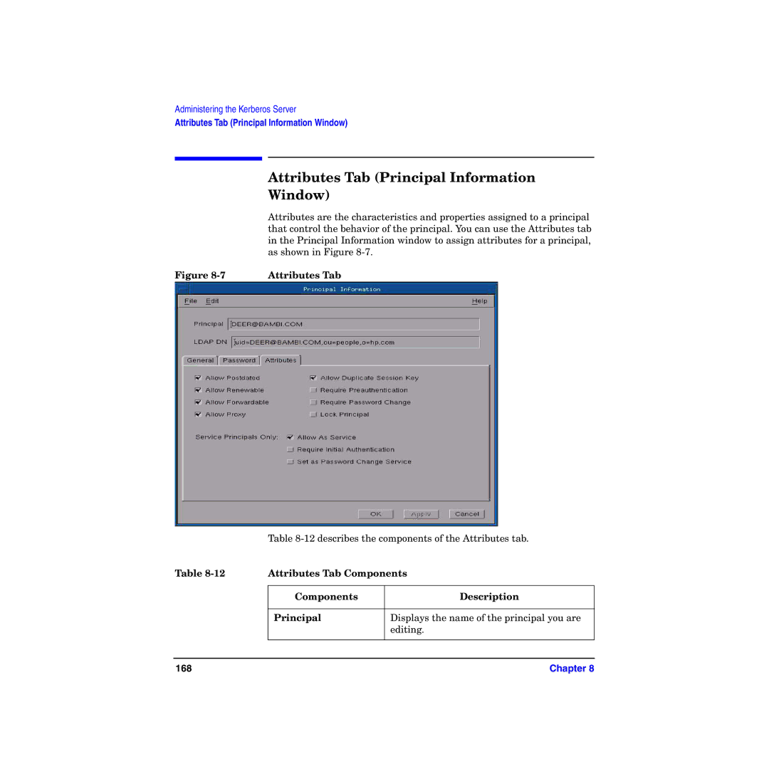 HP UX Kerberos Data Security Software Attributes Tab Principal Information, describes the components of the Attributes tab 