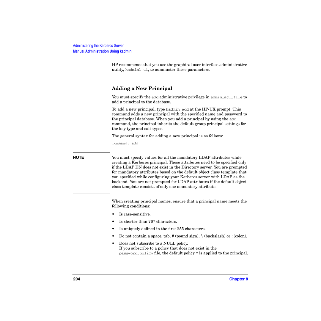 HP UX Kerberos Data Security Software manual Adding a New Principal 
