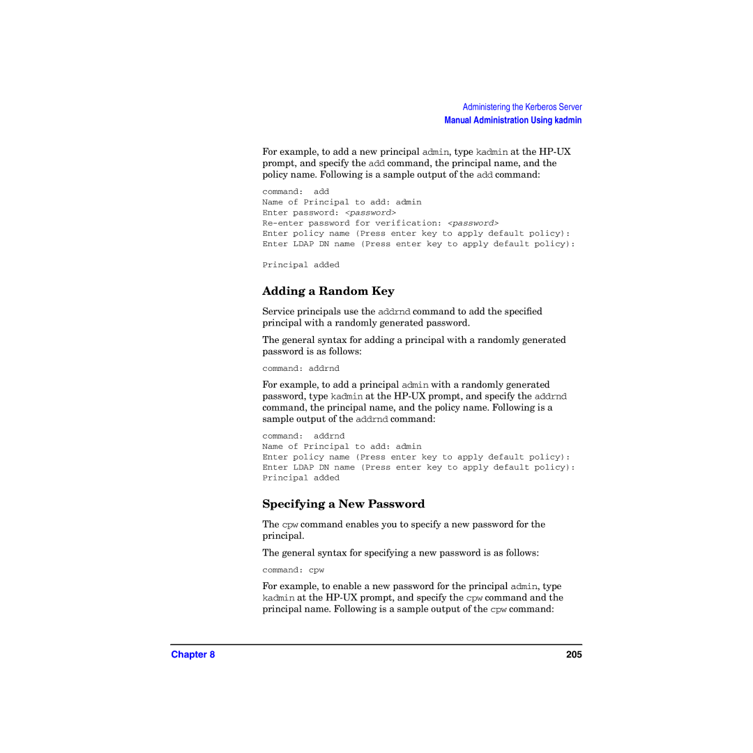 HP UX Kerberos Data Security Software manual Adding a Random Key, Specifying a New Password 