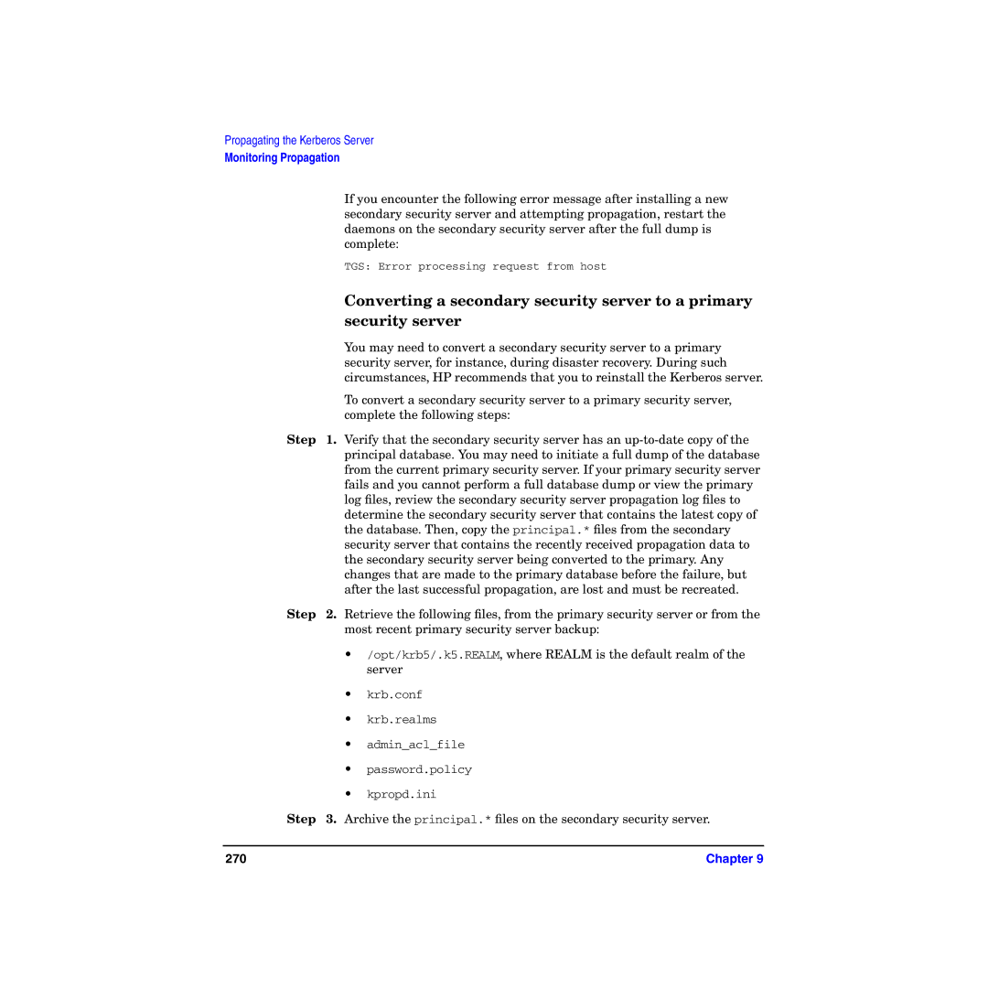 HP UX Kerberos Data Security Software manual Converting a secondary security server to a primary, Security server 