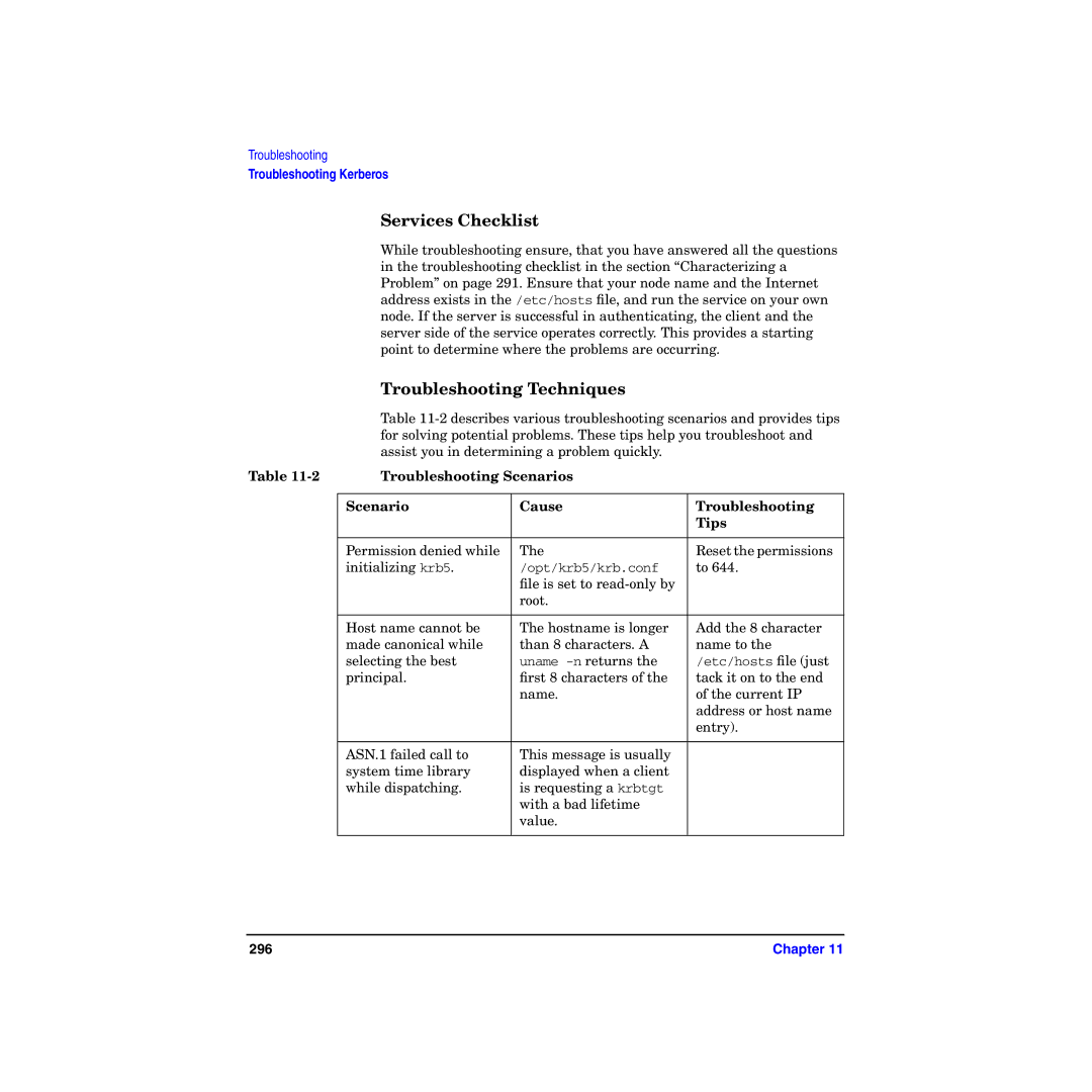 HP UX Kerberos Data Security Software Services Checklist, Troubleshooting Techniques, Troubleshooting Scenarios Cause Tips 