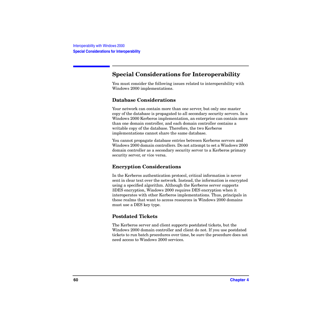 HP UX Kerberos Data Security Software manual Special Considerations for Interoperability, Database Considerations 