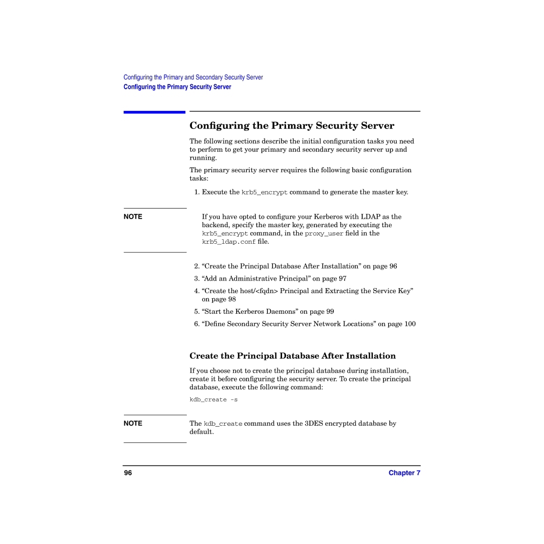 HP UX Kerberos Data Security Software manual Conﬁguring the Primary Security Server 