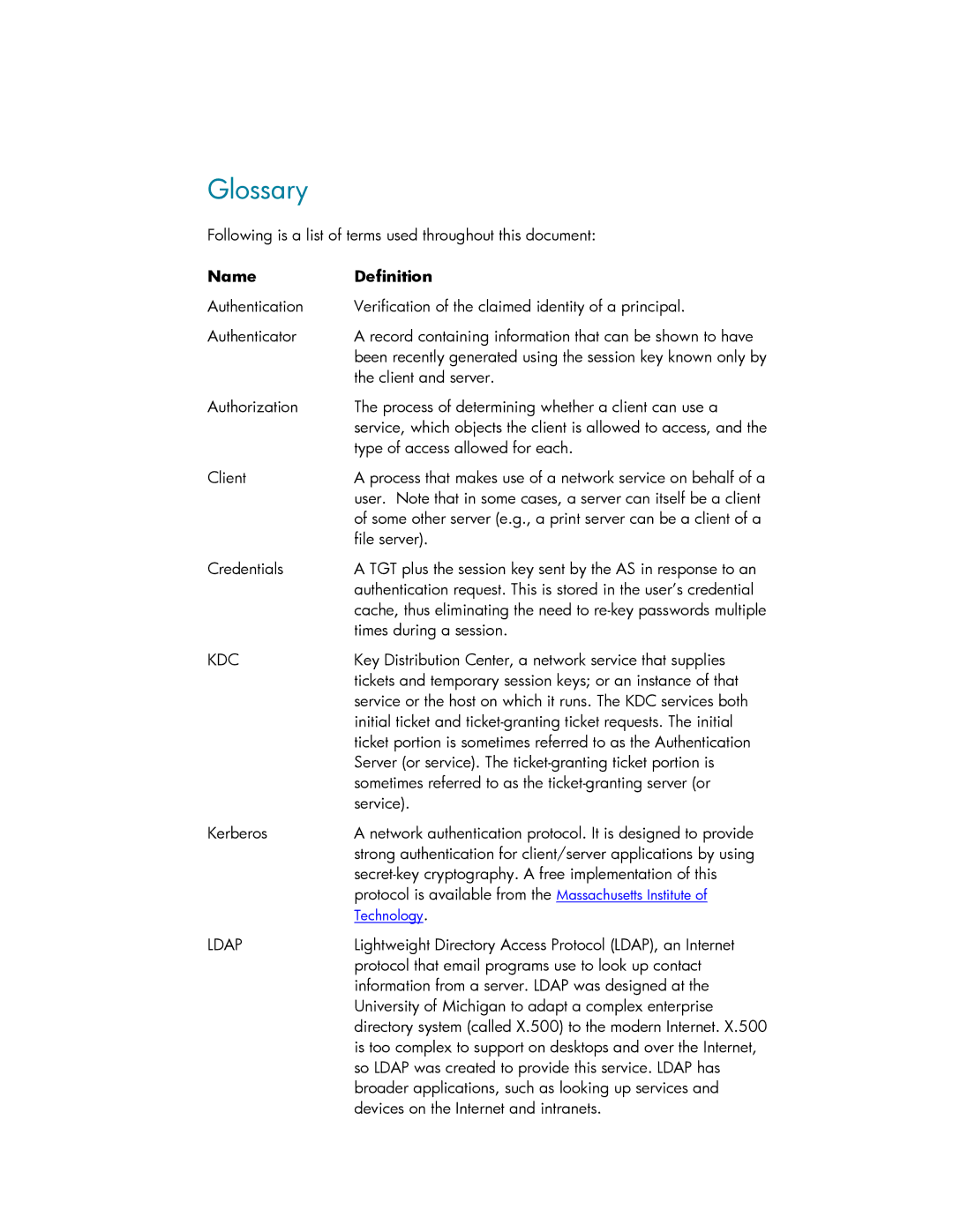 HP UX Kerberos Data Security Software manual Glossary, Name Definition 