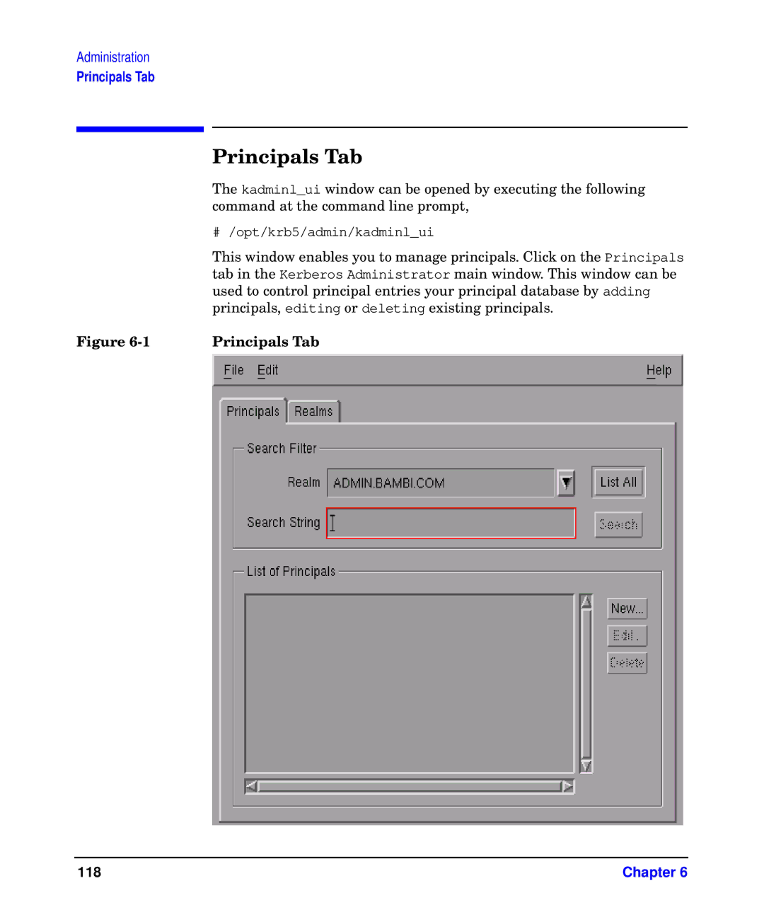 HP UX Kerberos Data Security Software manual Principals Tab 