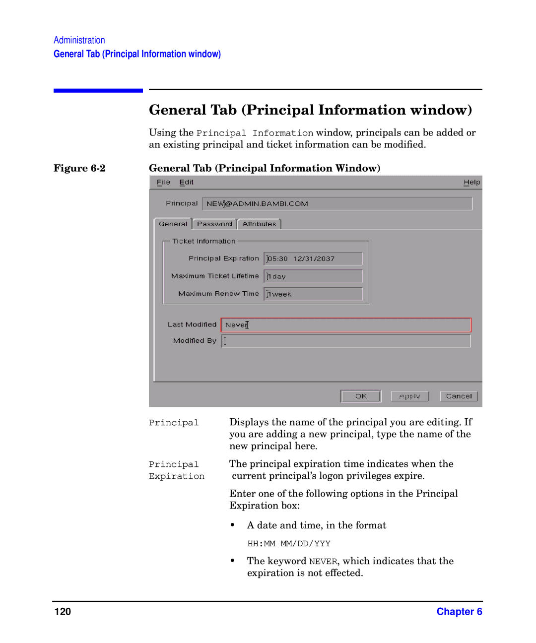 HP UX Kerberos Data Security Software General Tab Principal Information window, General Tab Principal Information Window 