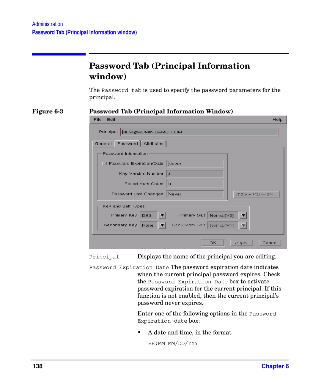 HP UX Kerberos Data Security Software manual Password Tab Principal Information, Window 