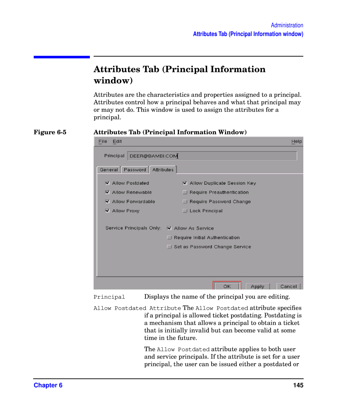 HP UX Kerberos Data Security Software manual Attributes Tab Principal Information Window 