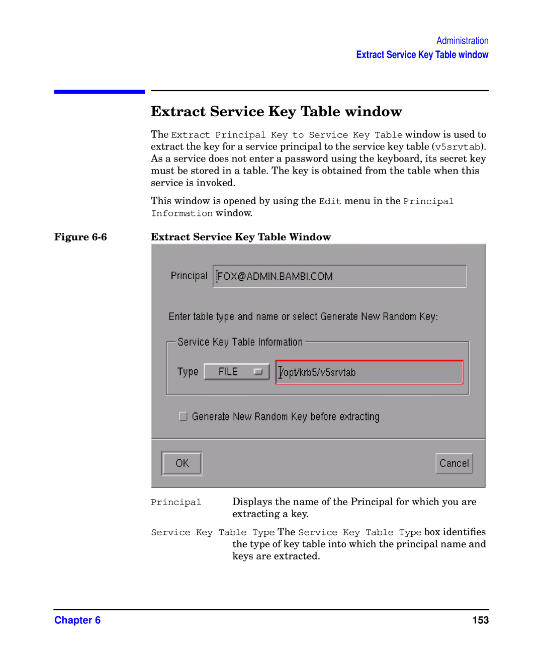 HP UX Kerberos Data Security Software manual Extract Service Key Table window, Extract Service Key Table Window 