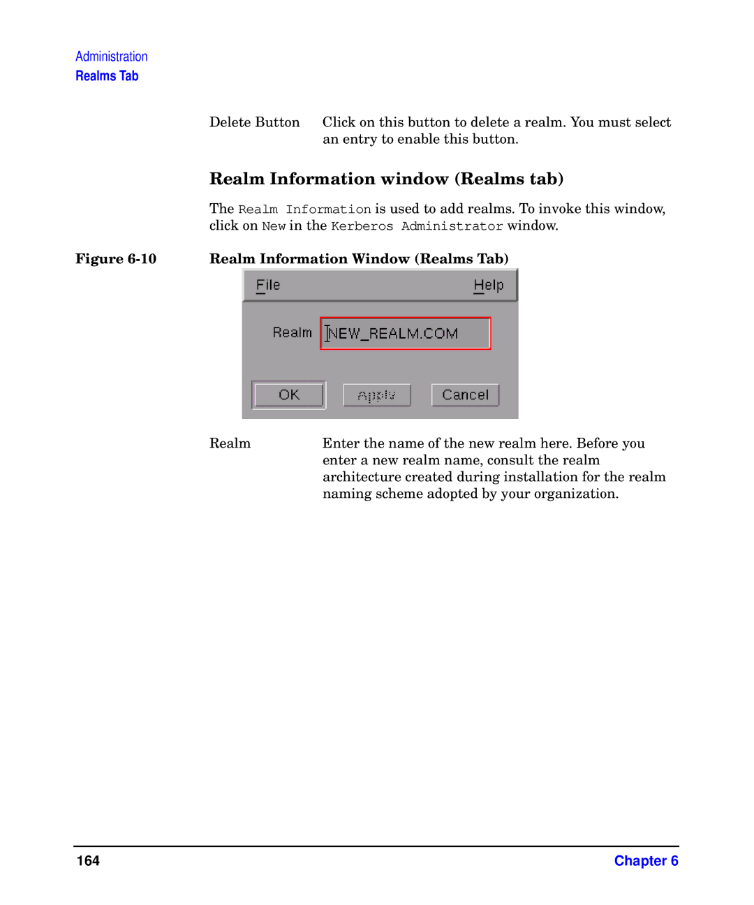 HP UX Kerberos Data Security Software manual Realm Information window Realms tab, Realm Information Window Realms Tab 