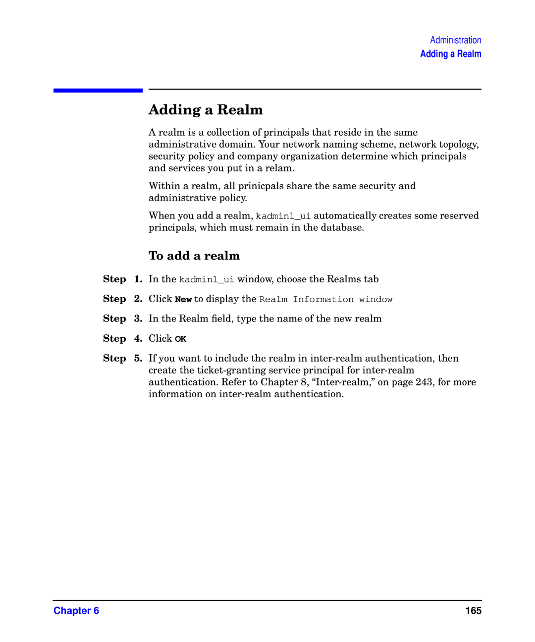 HP UX Kerberos Data Security Software manual Adding a Realm, To add a realm 
